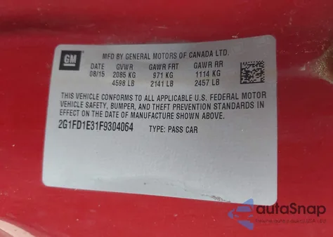 2015 Chevrolet Camaro 1Lt from USA, damaged, VIN 2G1FD1E31F9304064